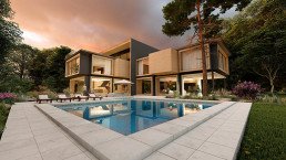 A modern architect designed residential house with a large swimming pool