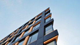 An angular office building construction with modern materials